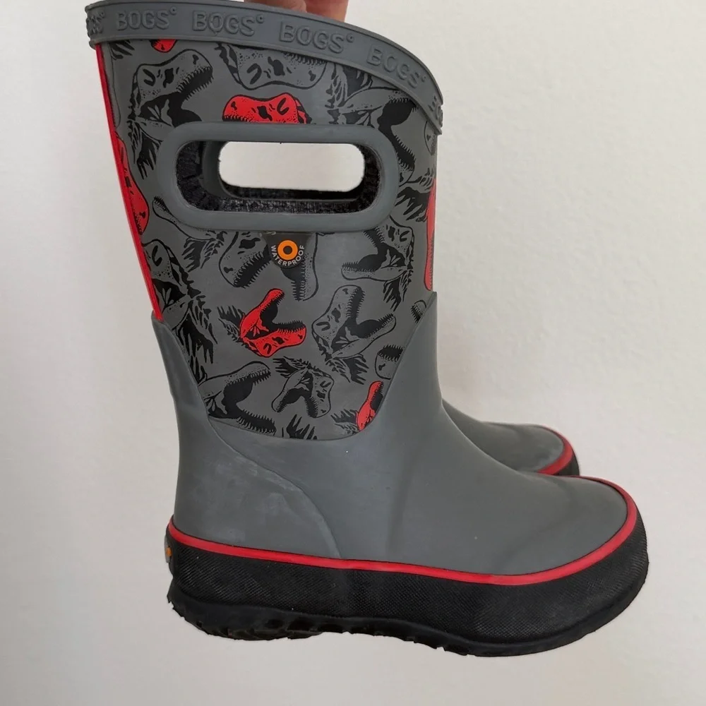 BOGS Kids Gray and Red Dinosaur Rain Boots